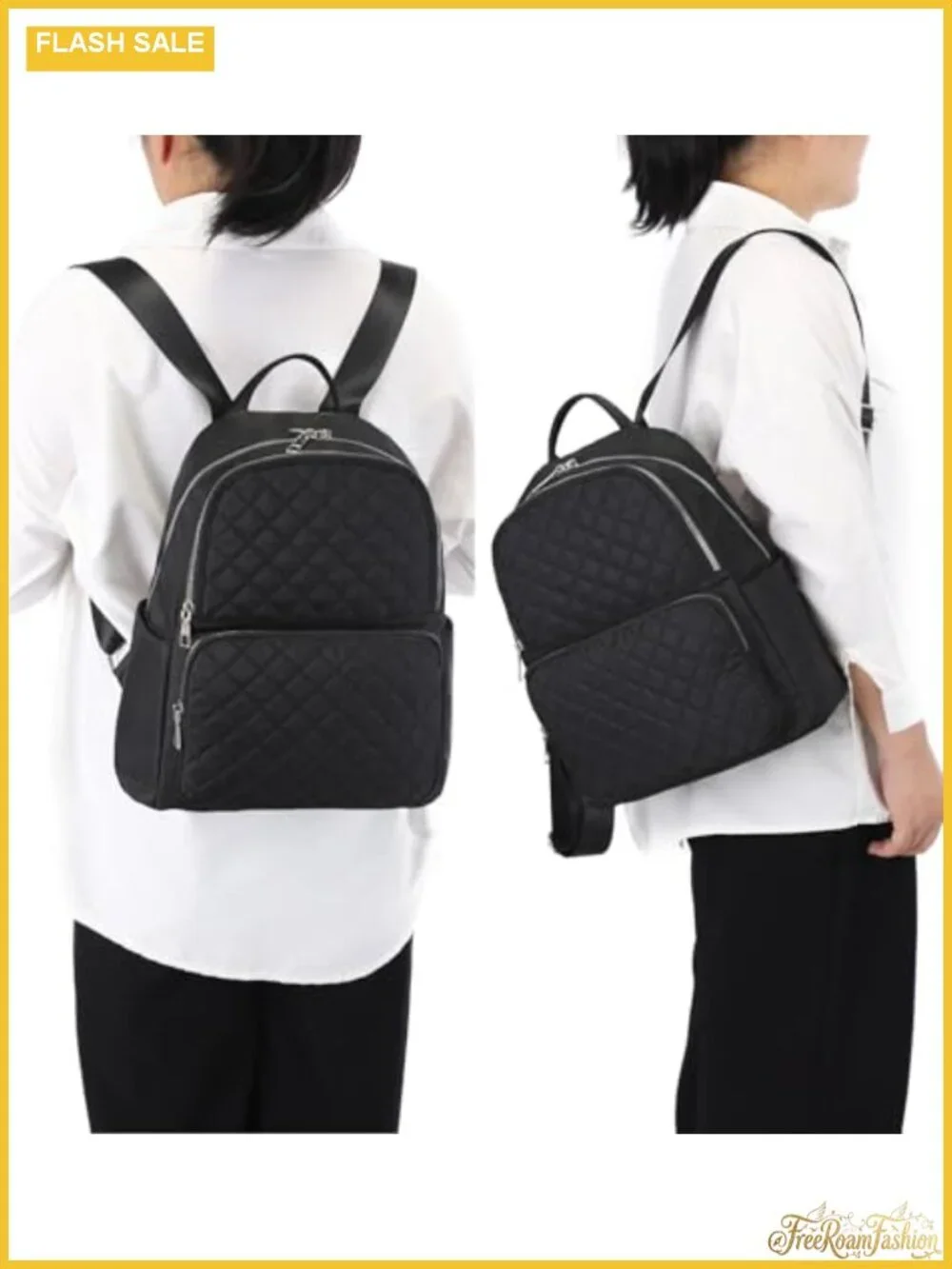 Women's Quilted Nylon Travel Backpack, Lightweight Daypack with Silver Zippers